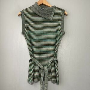 IZ Byer Size Large Sleeveless Blue Green Striped Belted Sweater Boho 70s Retro